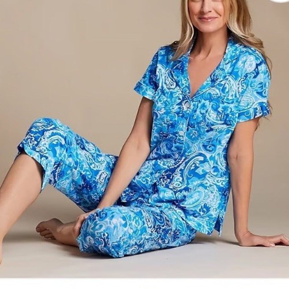 Ralph Lauren Women’s Paisley Pajama Set Sz L‎ NWT BLUE White CAPRI Drawstring